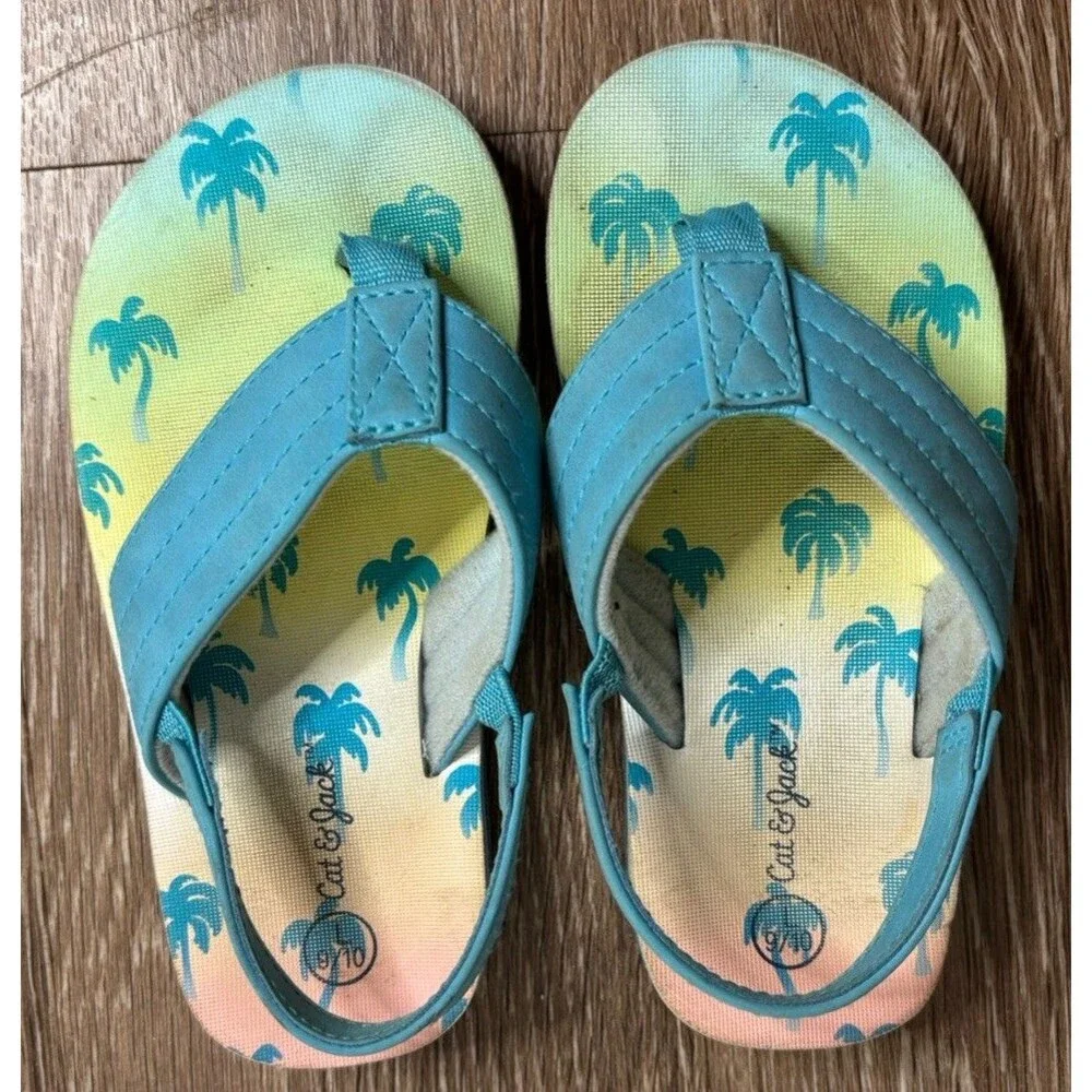 Cat & Jack Girls Flip Flop Sandals 9/10 Blue Palm Tree Print